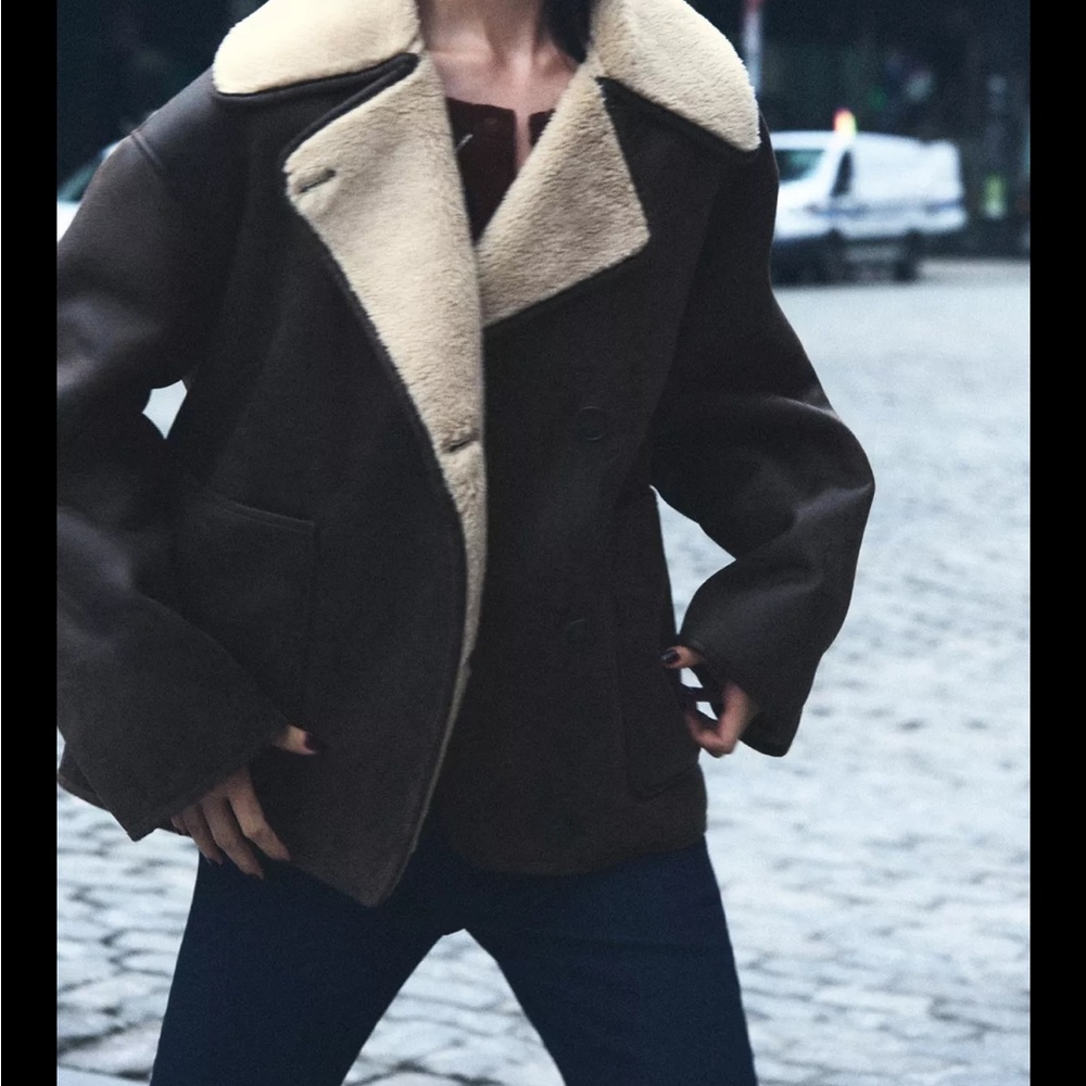 Brown Shearling Jacket with Cream Collar